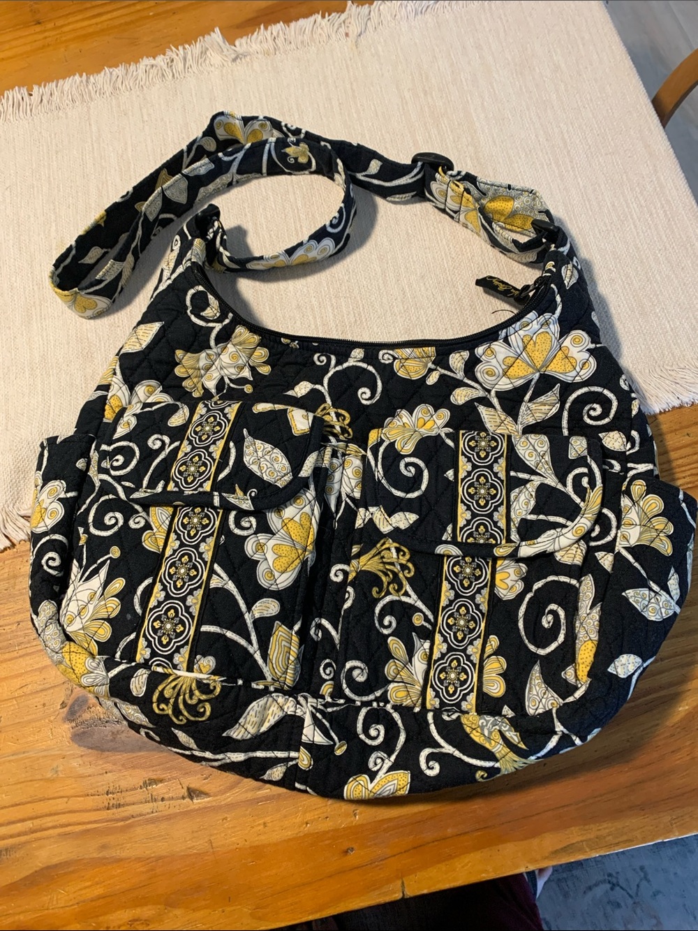 Quilted Floral Crossbody Shoulder Bag - Black & Yellow - Picture 2 of 12